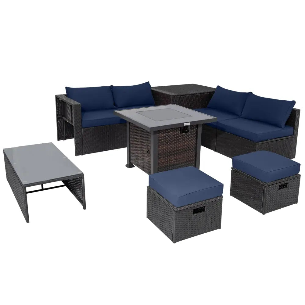 9 Pieces Patio Furniture Set with 32€ Fire Pit Table and 50000 BTU Square Propane Fire Pit-Navy - Navy - Patio