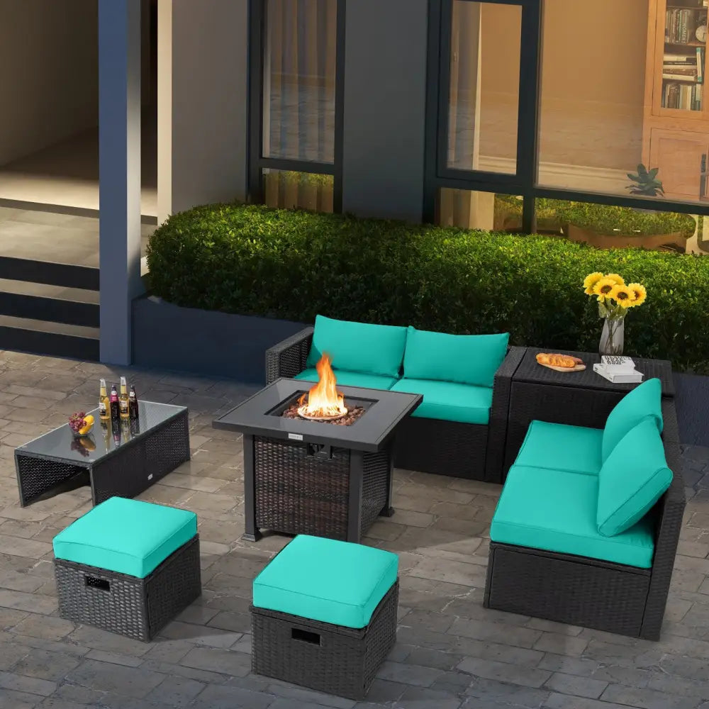9 Pieces Patio Furniture Set with 32€ Fire Pit Table and 50000 BTU Square Propane Fire Pit-Turquoise - Turquoise