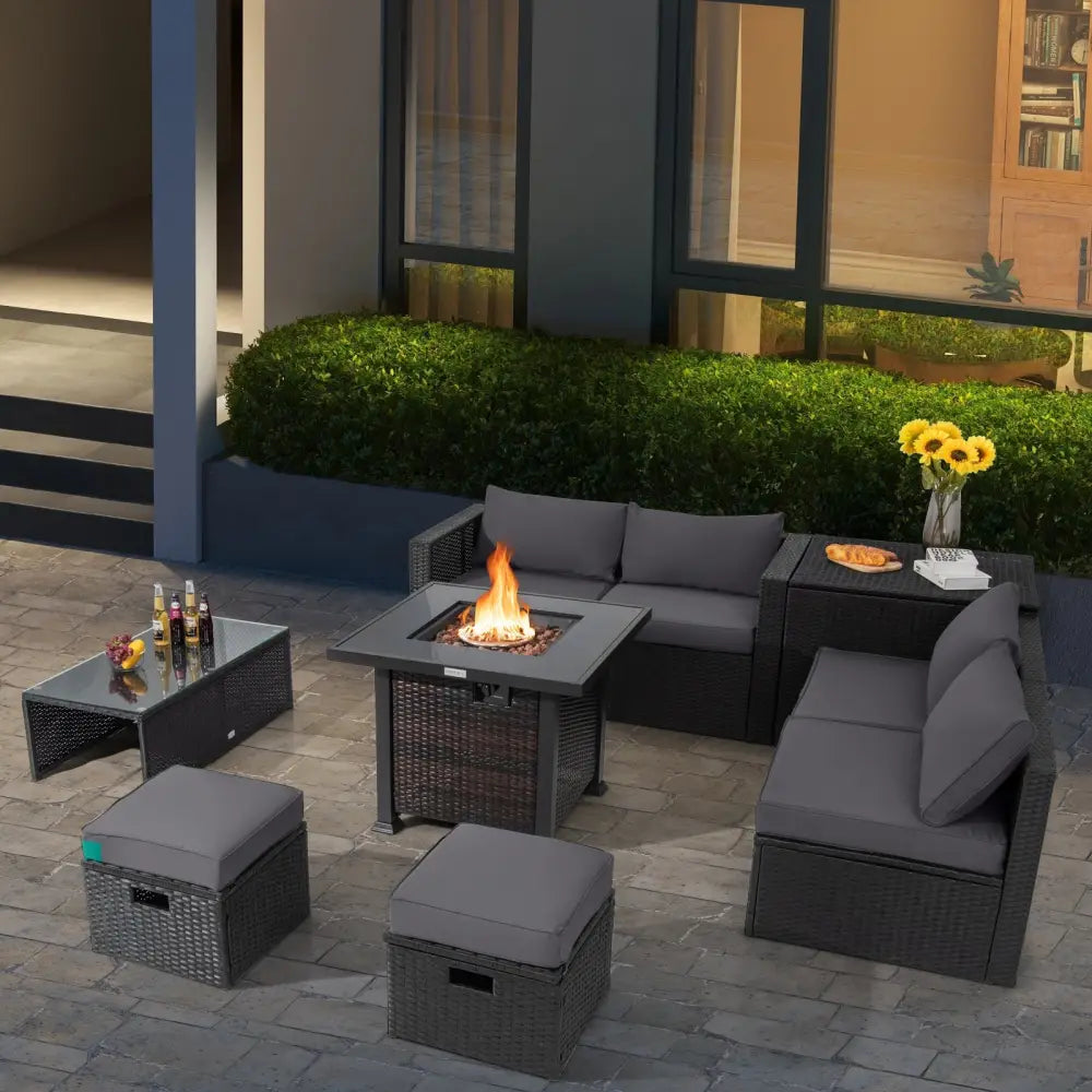 9 Pieces Patio Furniture Set with 32€ Fire Pit Table and 50000 BTU Square Propane Fire Pit-Gray - Gray - Patio