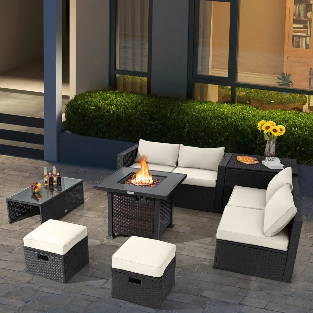 9 Pieces Patio Furniture Set with 32€ Fire Pit Table and 50000 BTU Square Propane Fire Pit-White - White - Patio