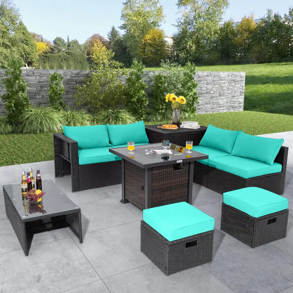 9 Pieces Patio Furniture Set with 32€ Fire Pit Table and 50000 BTU Square Propane Fire Pit-Turquoise - Turquoise