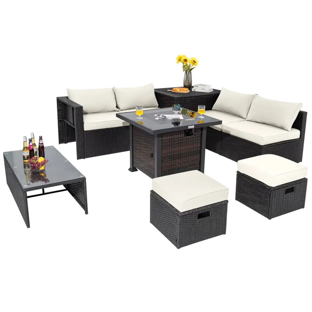 9 Pieces Patio Furniture Set with 32€ Fire Pit Table and 50000 BTU Square Propane Fire Pit-White - White - Patio