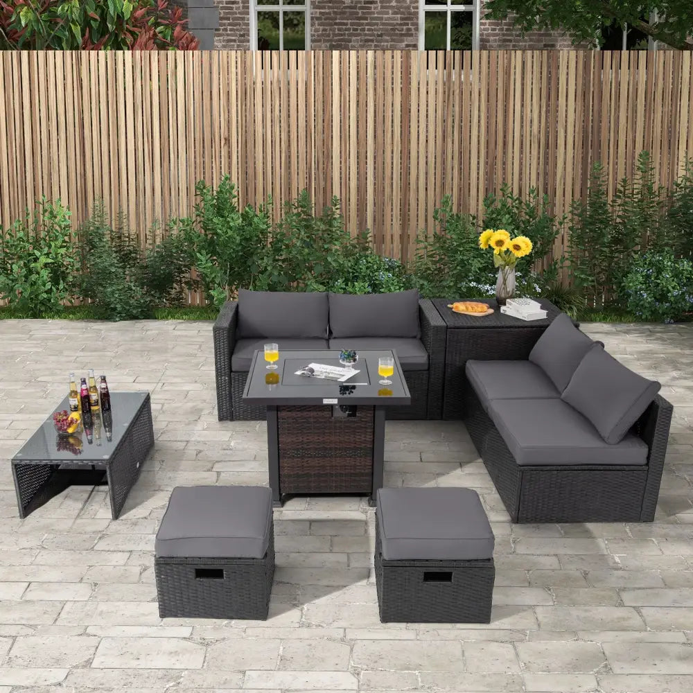 9 Pieces Patio Furniture Set with 32€ Fire Pit Table and 50000 BTU Square Propane Fire Pit-Gray - Gray - Patio