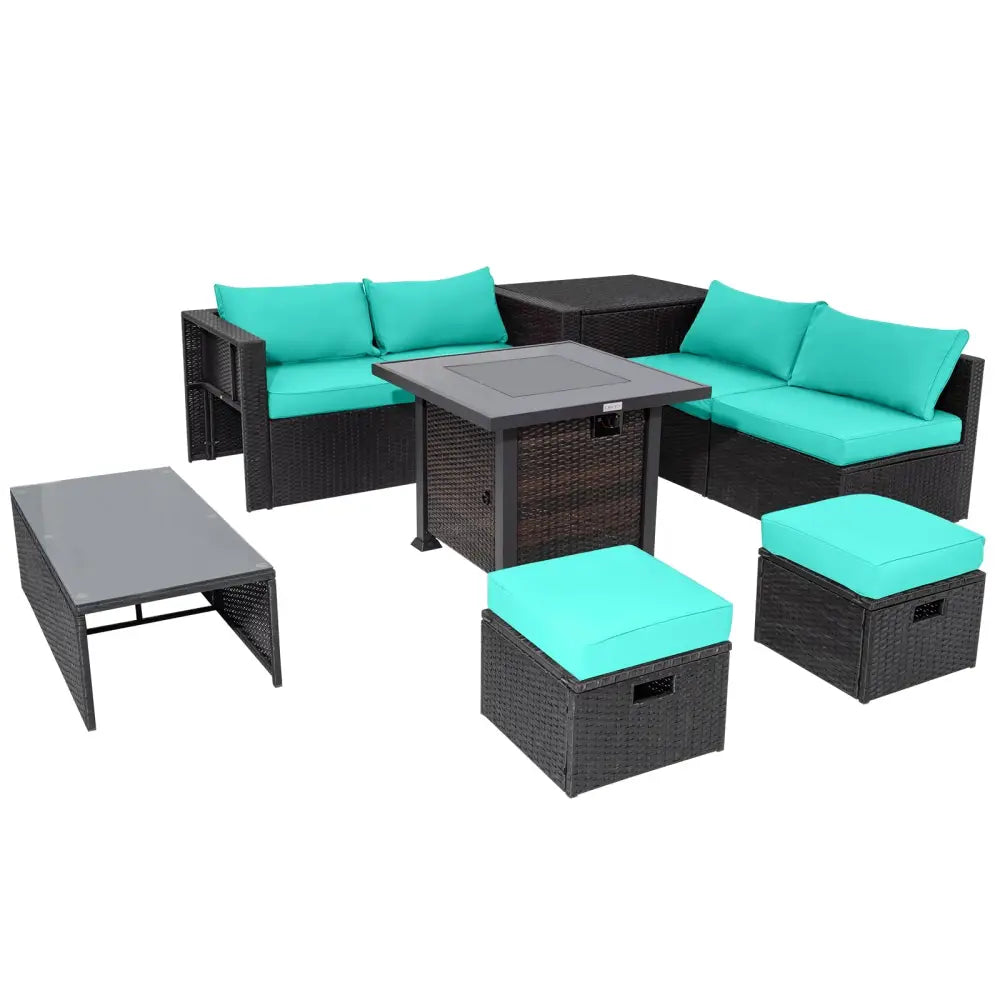 9 Pieces Patio Furniture Set with 32€ Fire Pit Table and 50000 BTU Square Propane Fire Pit-Turquoise - Turquoise