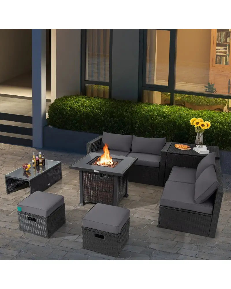9 Pieces Patio Furniture Set with 32€ Fire Pit Table and 50000 BTU Square Propane Fire Pit-Gray - Gray - Patio