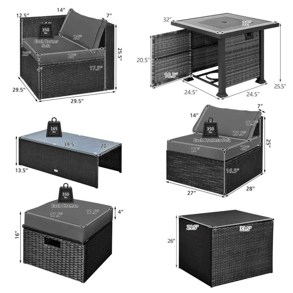9 Pieces Patio Furniture Set with 32€ Fire Pit Table and 50000 BTU Square Propane Fire Pit-Gray - Gray - Patio