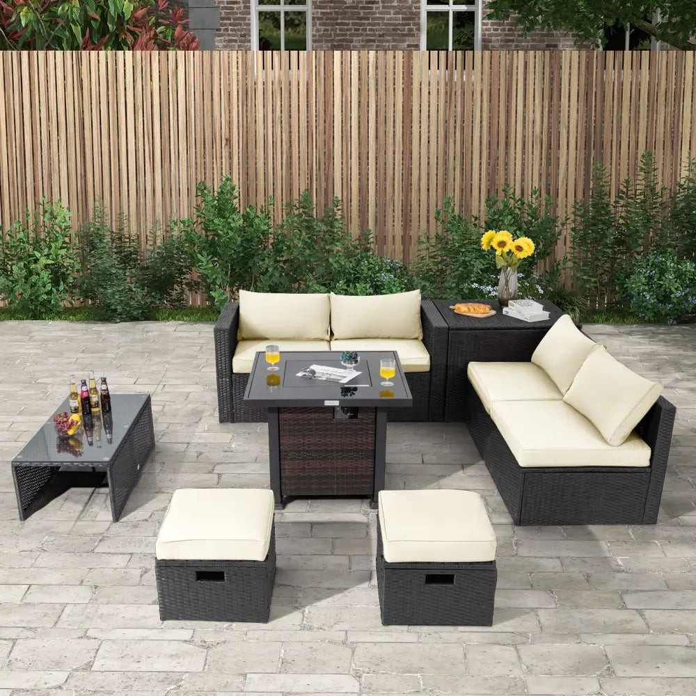 9 Pieces Patio Furniture Set with 32€ Fire Pit Table and 50000 BTU Square Propane Fire Pit-White - White - Patio