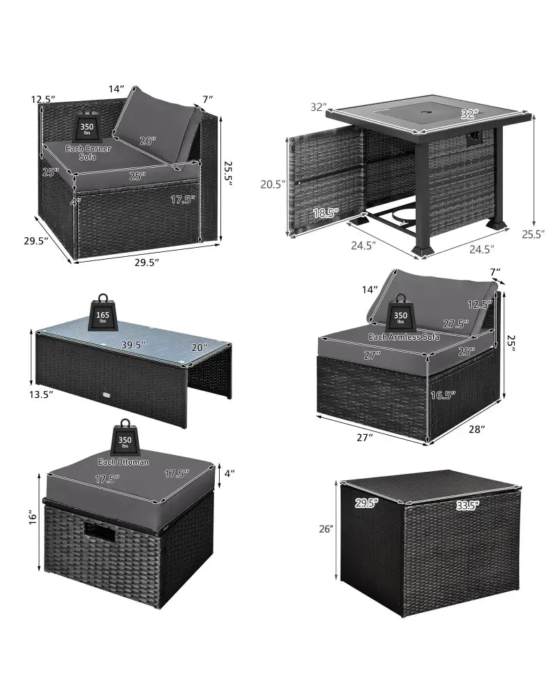 9 Pieces Patio Furniture Set with 32€ Fire Pit Table and 50000 BTU Square Propane Fire Pit-Gray - Gray - Patio