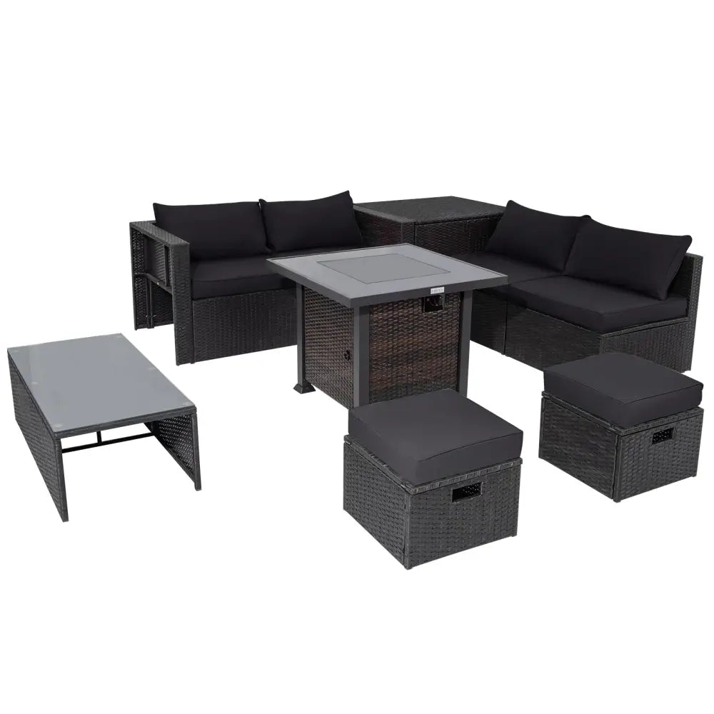 9 Pieces Patio Furniture Set with 32€ Fire Pit Table and 50000 BTU Square Propane Fire Pit-Black - Black - Patio