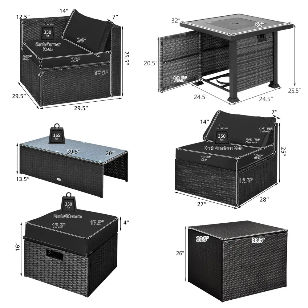 9 Pieces Patio Furniture Set with 32€ Fire Pit Table and 50000 BTU Square Propane Fire Pit-Black - Black - Patio