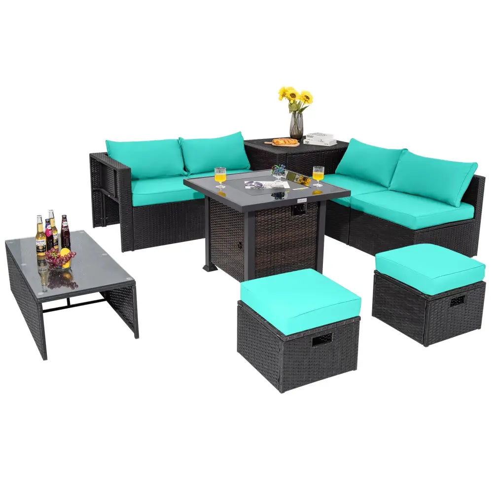 9 Pieces Patio Furniture Set with 32€ Fire Pit Table and 50000 BTU Square Propane Fire Pit-Turquoise - Turquoise