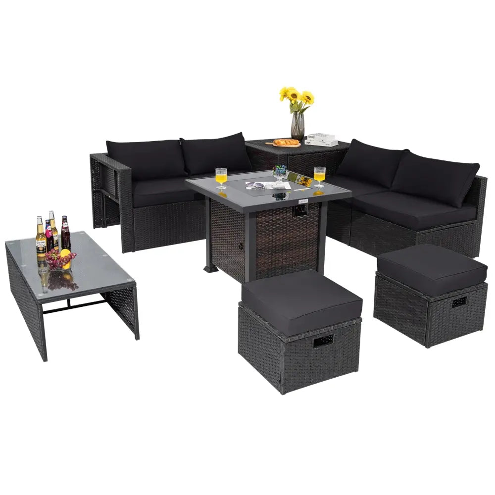 9 Pieces Patio Furniture Set with 32€ Fire Pit Table and 50000 BTU Square Propane Fire Pit-Black - Black - Patio