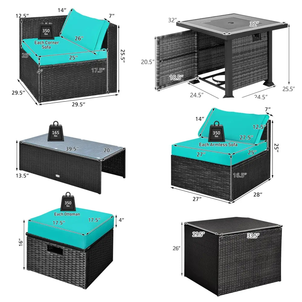 9 Pieces Patio Furniture Set with 32€ Fire Pit Table and 50000 BTU Square Propane Fire Pit-Turquoise - Turquoise
