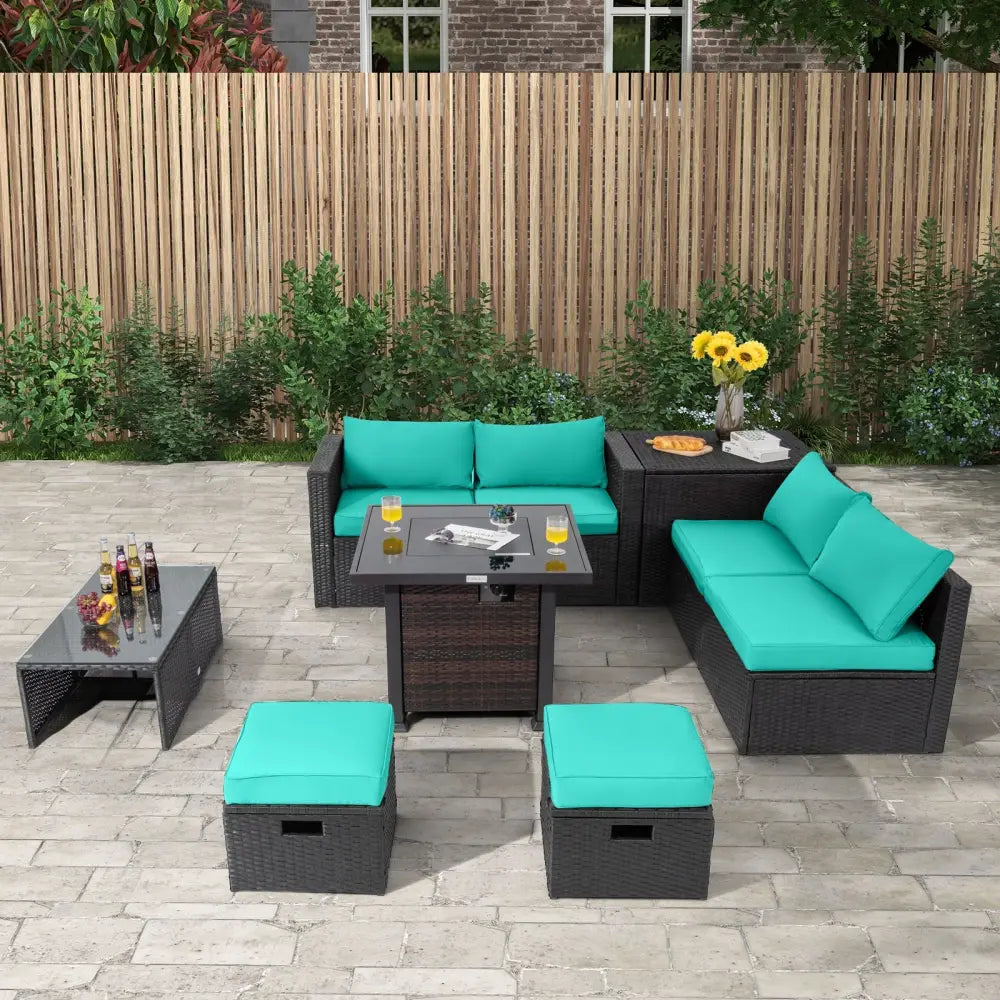 9 Pieces Patio Furniture Set with 32€ Fire Pit Table and 50000 BTU Square Propane Fire Pit-Turquoise - Turquoise