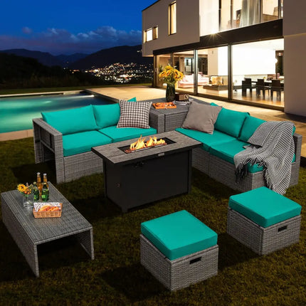 9 Pieces Patio Furniture Set with 42 Inches 60000 BTU Fire Pit-Turquoise - Turquoise - Patio Furniture Sets