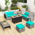 9 Pieces Patio Furniture Set with 42 Inches 60000 BTU Fire Pit-Turquoise - Turquoise - Patio Furniture Sets