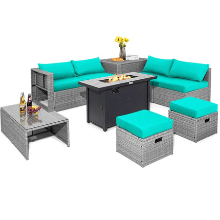 9 Pieces Patio Furniture Set with 42 Inches 60000 BTU Fire Pit-Turquoise - Turquoise - Patio Furniture Sets