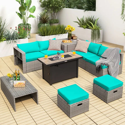 9 Pieces Patio Furniture Set with 42 Inches 60000 BTU Fire Pit-Turquoise - Turquoise - Patio Furniture Sets