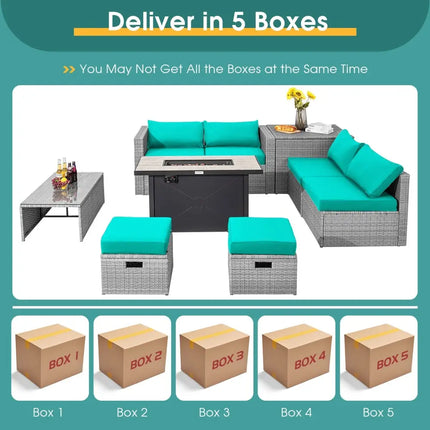 9 Pieces Patio Furniture Set with 42 Inches 60000 BTU Fire Pit-Turquoise - Turquoise - Patio Furniture Sets