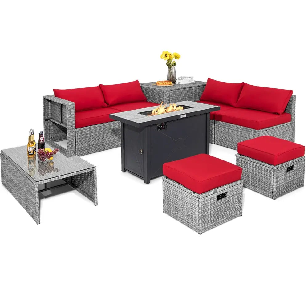 9 Pieces Patio Furniture Set with 42 Inches 60000 BTU Fire Pit-Red - Red - Patio Furniture Sets