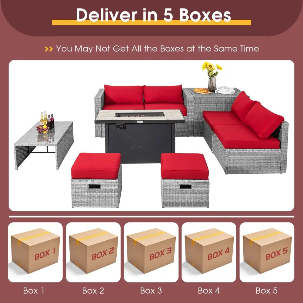 9 Pieces Patio Furniture Set with 42 Inches 60000 BTU Fire Pit-Red - Red - Patio Furniture Sets