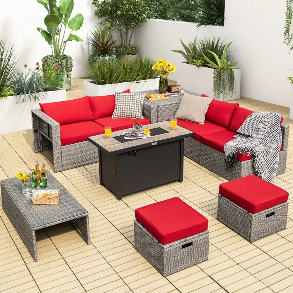9 Pieces Patio Furniture Set with 42 Inches 60000 BTU Fire Pit-Red - Red - Patio Furniture Sets
