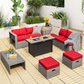 9 Pieces Patio Furniture Set with 42 Inches 60000 BTU Fire Pit-Red - Red - Patio Furniture Sets