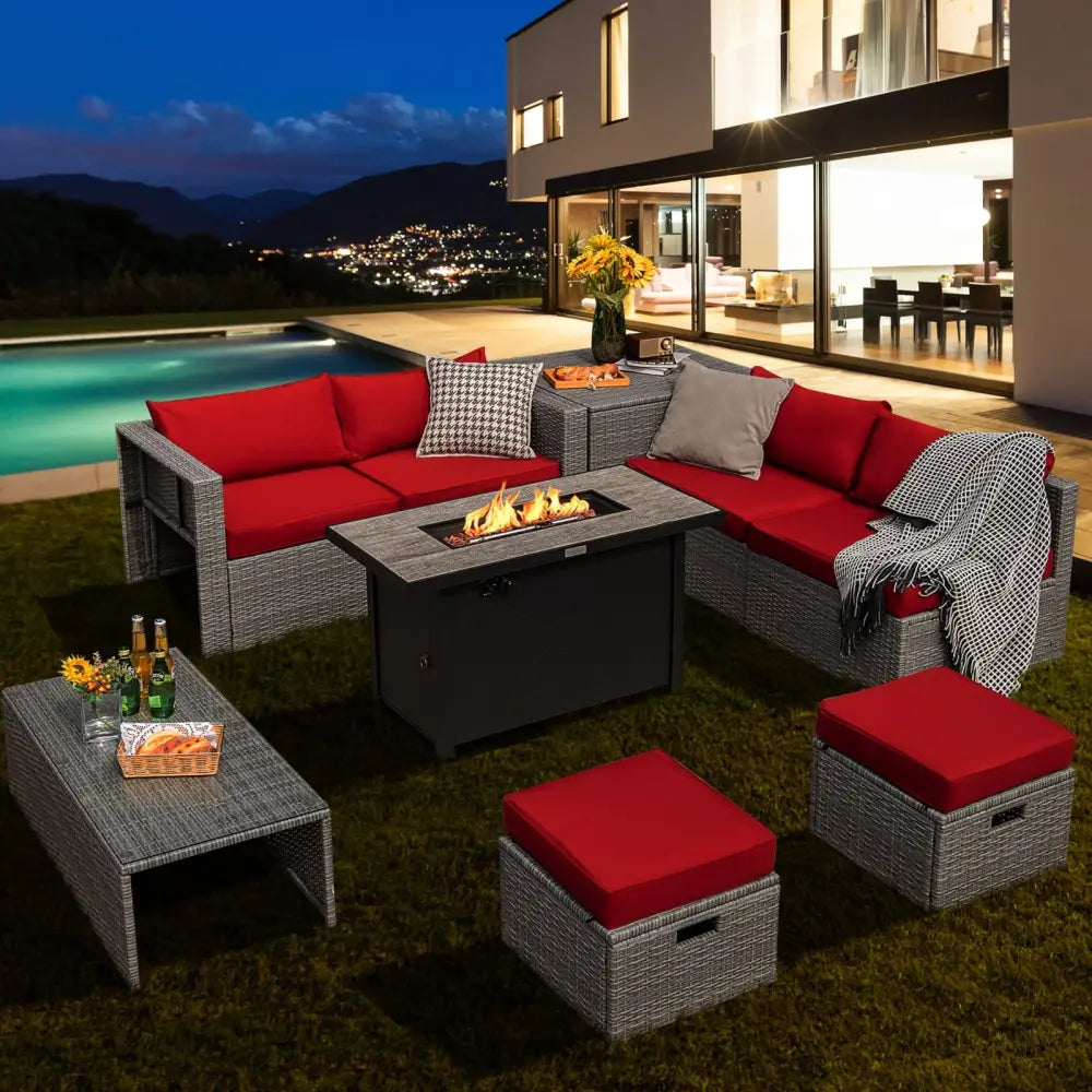 9 Pieces Patio Furniture Set with 42 Inches 60000 BTU Fire Pit-Red - Red - Patio Furniture Sets