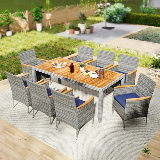 9 Pieces Patio PE Wicker Dining Set for Deck Garden and Yard-Navy - Navy - Patio Dining Sets