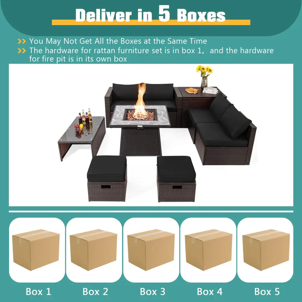9 Pieces Patio PE Wicker Sectional Set with 50000 BTU Fire Pit Table-Black - Black - Outdoor Sectionals