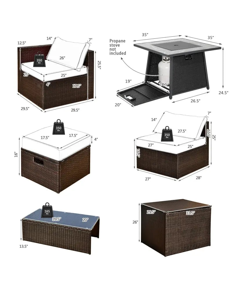 9 Pieces Patio PE Wicker Sectional Set with 50000 BTU Fire Pit Table-Off White - Off White - Outdoor Sectionals