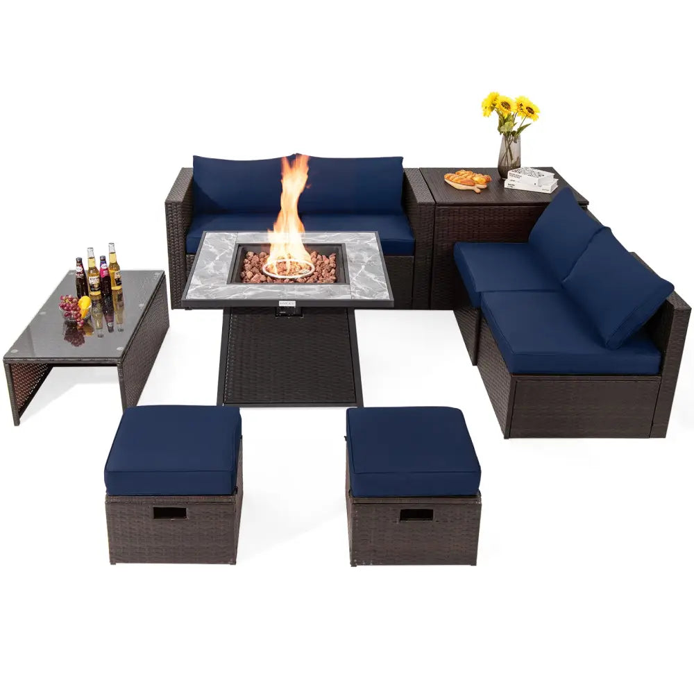 9 Pieces Patio PE Wicker Sectional Set with 50000 BTU Fire Pit Table-Navy - Navy - Outdoor Sectionals