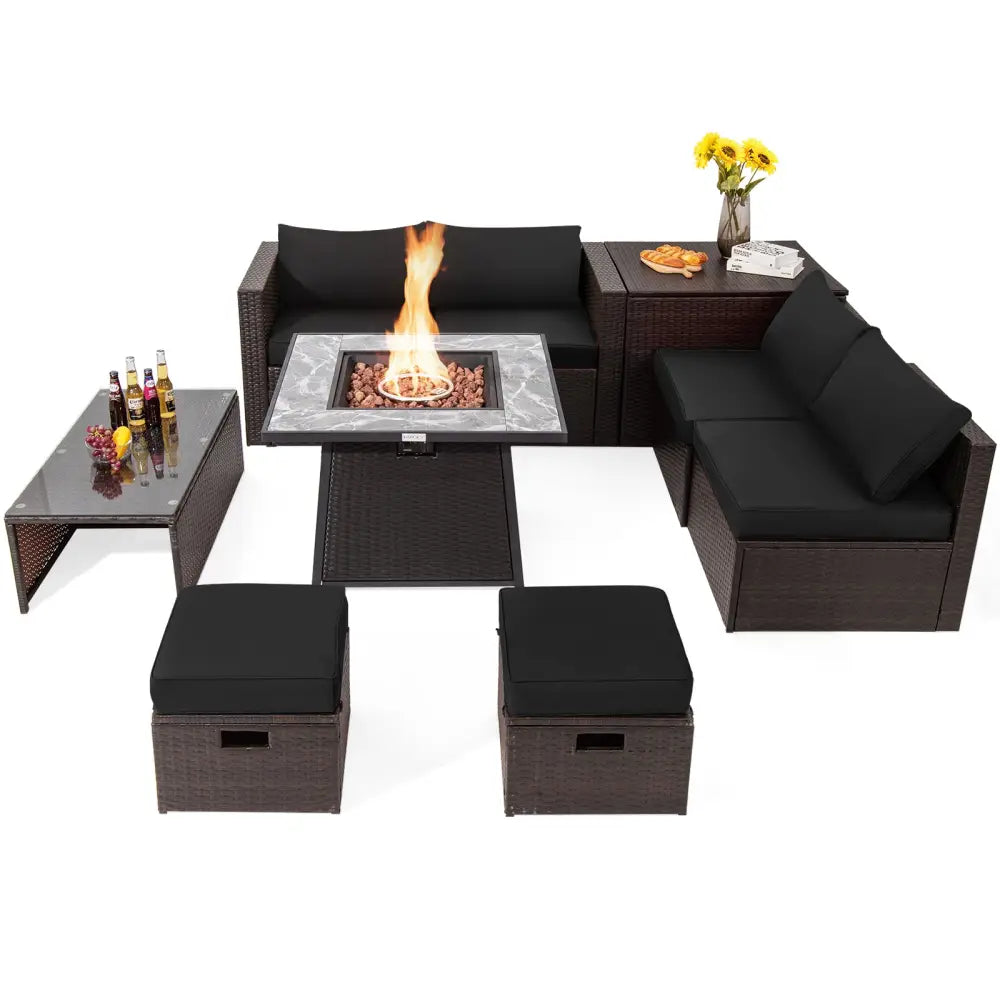 9 Pieces Patio PE Wicker Sectional Set with 50000 BTU Fire Pit Table-Black - Black - Outdoor Sectionals