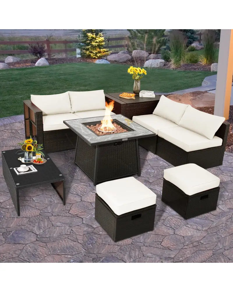 9 Pieces Patio PE Wicker Sectional Set with 50000 BTU Fire Pit Table-Off White - Off White - Outdoor Sectionals