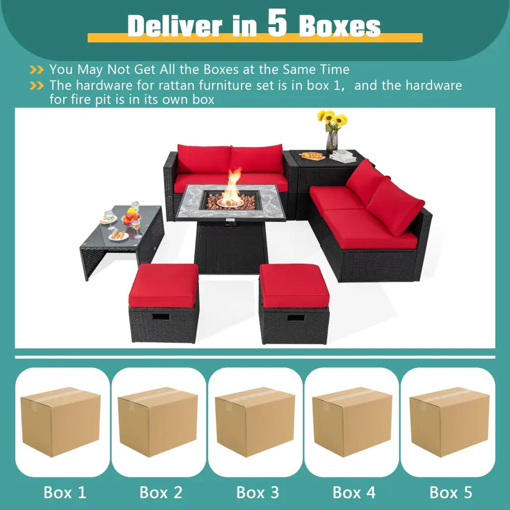 9 Pieces Patio PE Wicker Sectional Set with 50000 BTU Fire Pit Table-Red - Red - Outdoor Sectionals
