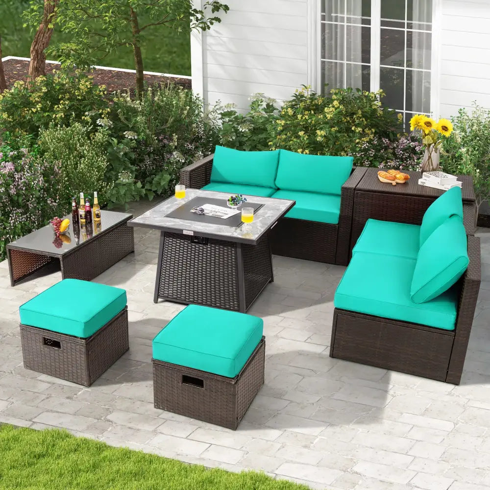 9 Pieces Patio PE Wicker Sectional Set with 50000 BTU Fire Pit Table-Turquoise - Turquoise - Outdoor Sectionals