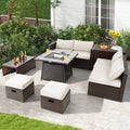 9 Pieces Patio PE Wicker Sectional Set with 50000 BTU Fire Pit Table-Off White - Off White - Outdoor Sectionals
