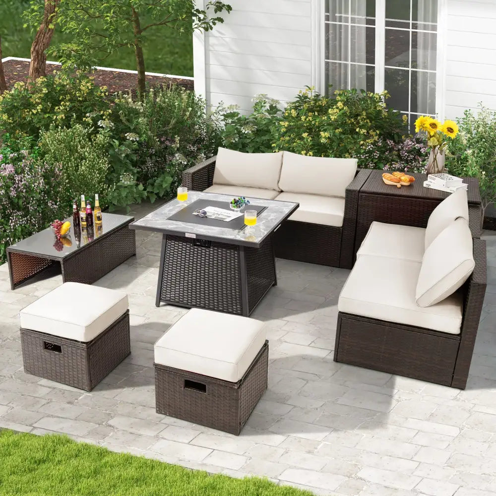 9 Pieces Patio PE Wicker Sectional Set with 50000 BTU Fire Pit Table-Off White - Off White - Outdoor Sectionals