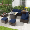 9 Pieces Patio PE Wicker Sectional Set with 50000 BTU Fire Pit Table-Navy - Navy - Outdoor Sectionals