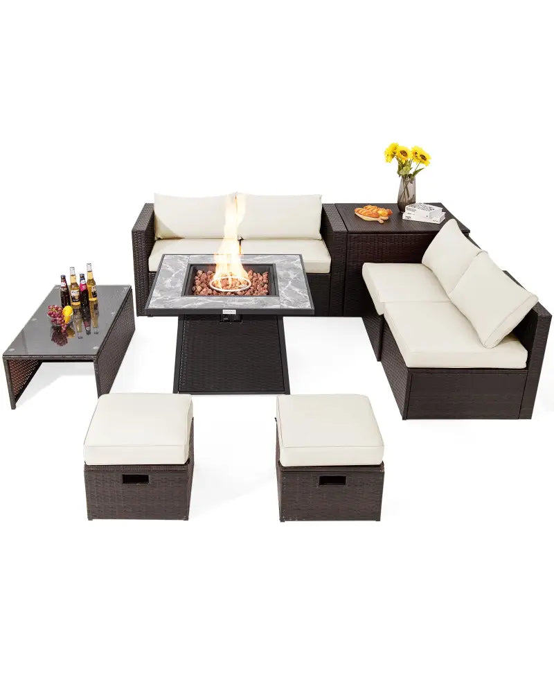 9 Pieces Patio PE Wicker Sectional Set with 50000 BTU Fire Pit Table-Off White - Off White - Outdoor Sectionals