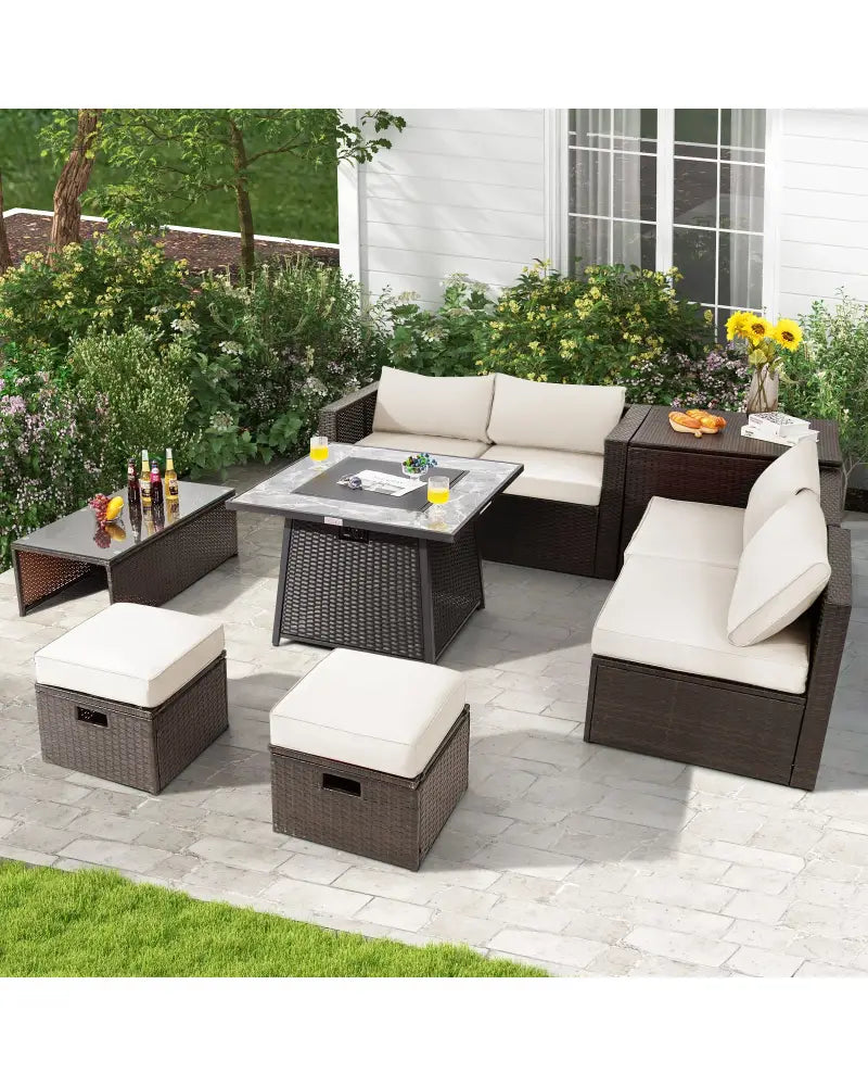 9 Pieces Patio PE Wicker Sectional Set with 50000 BTU Fire Pit Table-Off White - Off White - Outdoor Sectionals