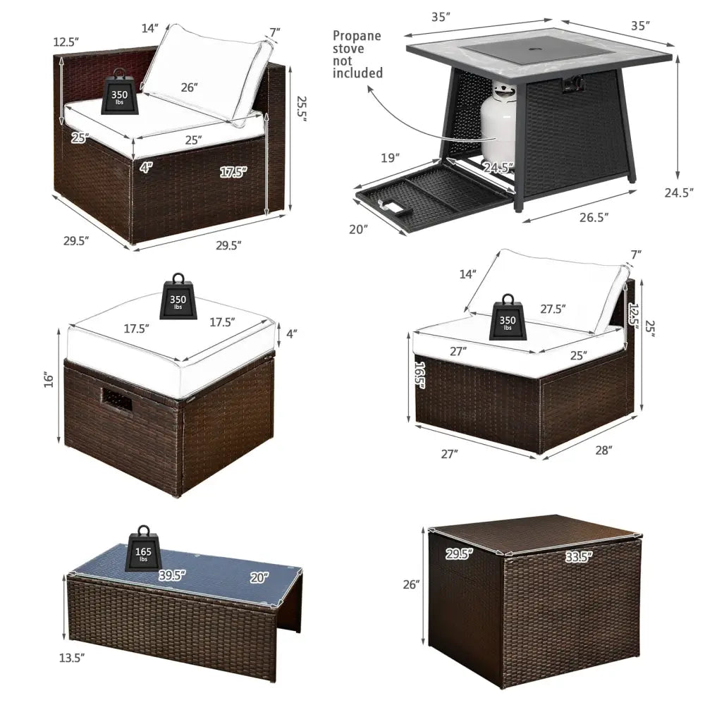9 Pieces Patio PE Wicker Sectional Set with 50000 BTU Fire Pit Table-Navy - Navy - Outdoor Sectionals
