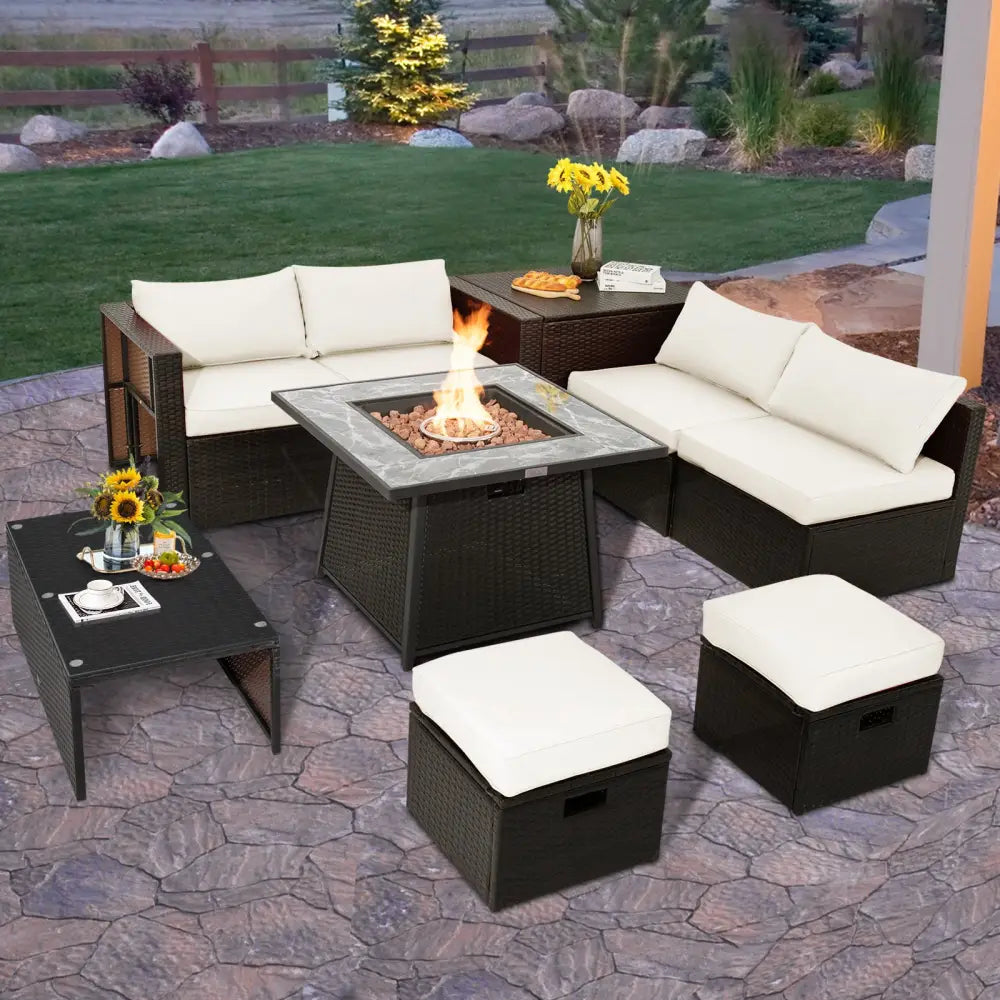 9 Pieces Patio PE Wicker Sectional Set with 50000 BTU Fire Pit Table-Off White - Off White - Outdoor Sectionals