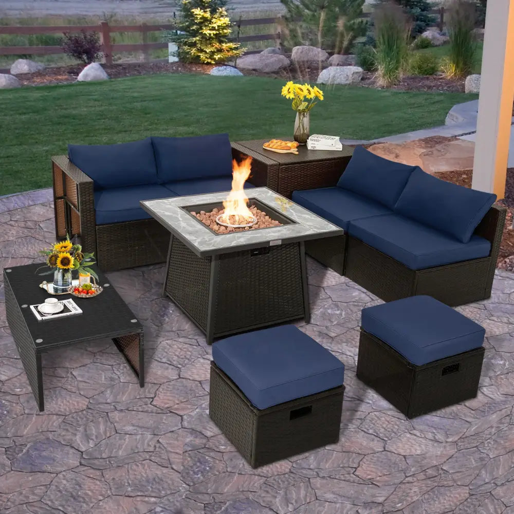 9 Pieces Patio PE Wicker Sectional Set with 50000 BTU Fire Pit Table-Navy - Navy - Outdoor Sectionals