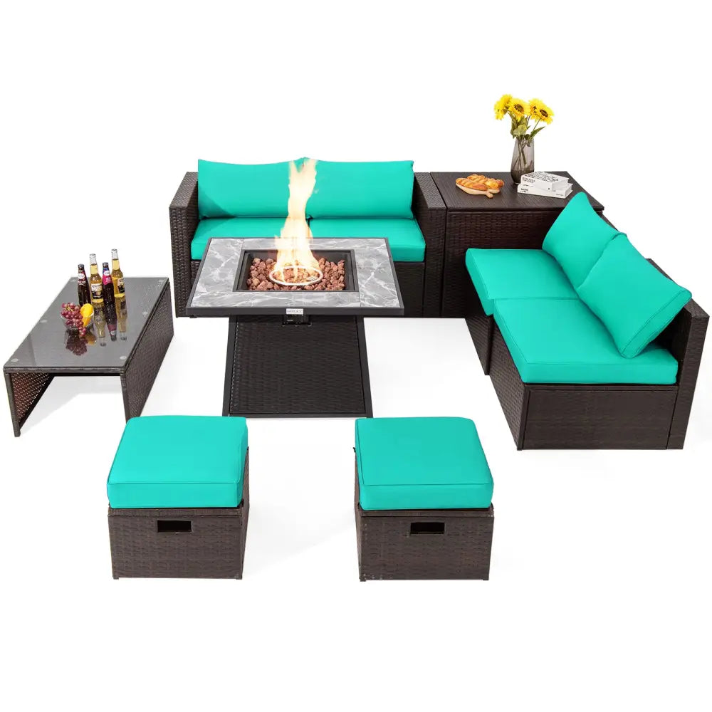 9 Pieces Patio PE Wicker Sectional Set with 50000 BTU Fire Pit Table-Turquoise - Turquoise - Outdoor Sectionals
