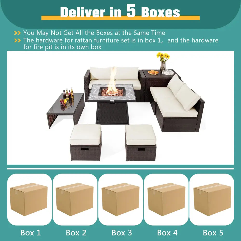 9 Pieces Patio PE Wicker Sectional Set with 50000 BTU Fire Pit Table-Off White - Off White - Outdoor Sectionals