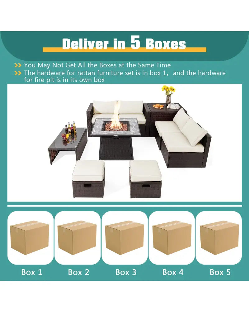 9 Pieces Patio PE Wicker Sectional Set with 50000 BTU Fire Pit Table-Off White - Off White - Outdoor Sectionals