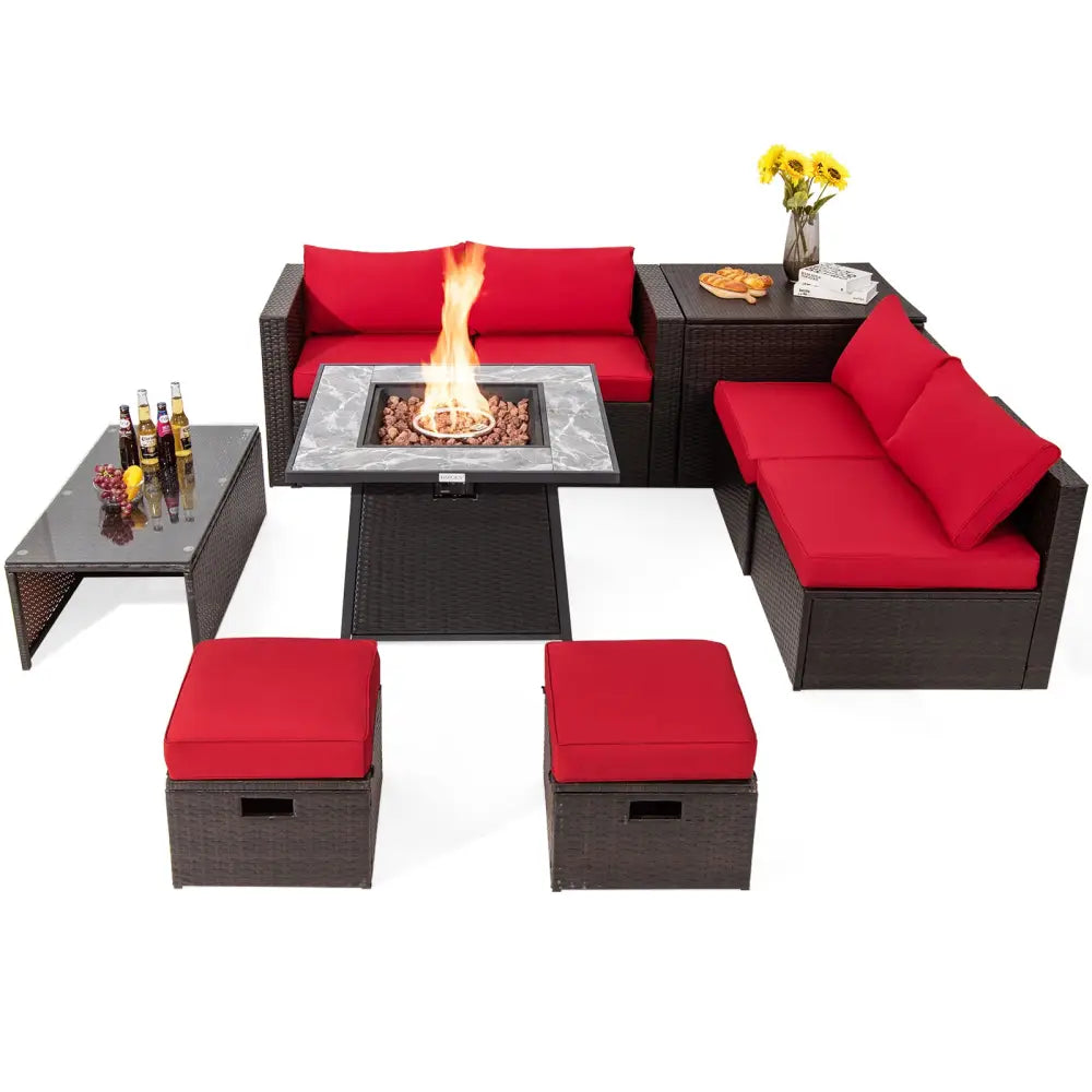 9 Pieces Patio PE Wicker Sectional Set with 50000 BTU Fire Pit Table-Red - Red - Outdoor Sectionals