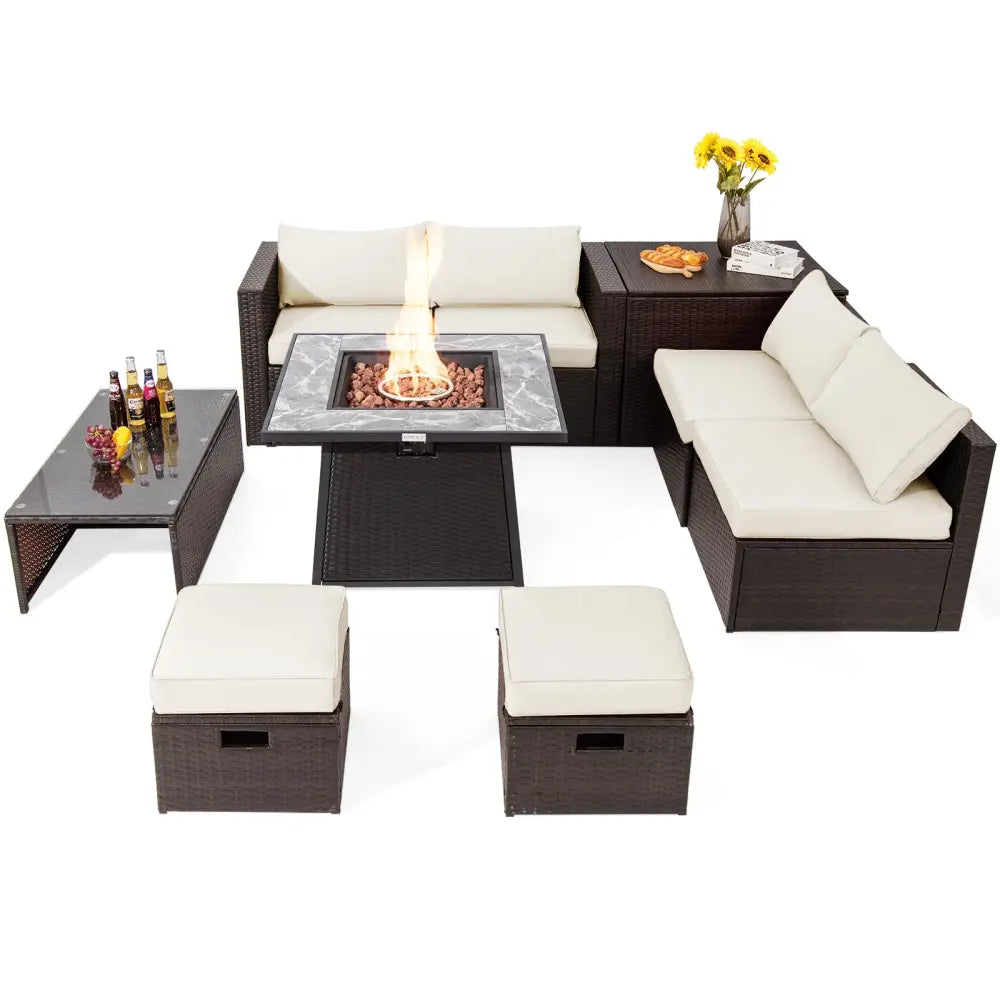 9 Pieces Patio PE Wicker Sectional Set with 50000 BTU Fire Pit Table-Off White - Off White - Outdoor Sectionals
