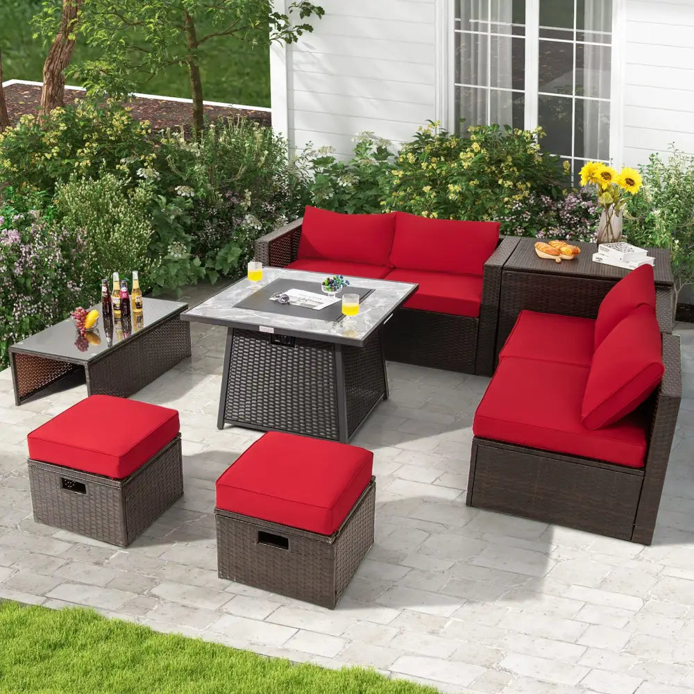 9 Pieces Patio PE Wicker Sectional Set with 50000 BTU Fire Pit Table-Red - Red - Outdoor Sectionals